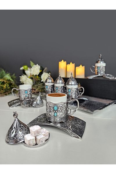 EVİMTATLIEVİM Nostalgic 6-Person Tray Natural Stone Metal Turkish Coffee Cup Set Antique Nickel