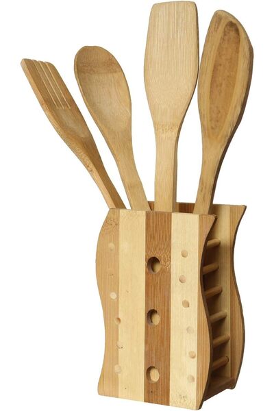 Other 5 Pcs Wooden Spoons for Cooking With Stand, Brown
