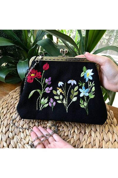 Home Black Linen Hand Embroidered Vintage Style Bag. Silver Color Chain Detailed. 100% Handmade 24X16 Size
