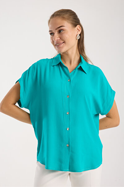 Swass Kısa Kollu Oversize Turkuaz Gömlek