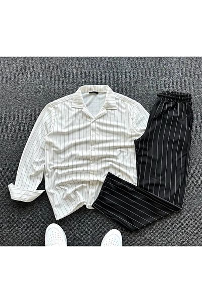 NewCabin New Season Premium Crepe Fabric Striped Shirt-Pants Set of 2