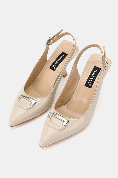 TUNAELLİ Women Beige Patent Leather Genuine Leather Number 34-35-41 Medium Heel Buckle Back Open Shoes