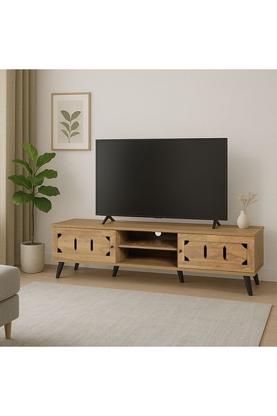 TrentonGCC 160 cm MDF Wooden TV Stand – 2 Doors, Shelves & Cable Hole – Black Legs