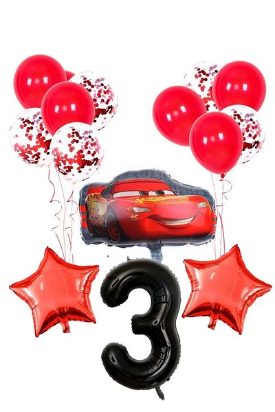 PARTİAVM 3 Year Old Black Number Balloon Birthday Party Set Cars Lightning Balloon Red Sequin Transparent Balloon