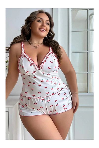 Peille Thin Strap Lace Detail Plus Size Shorts Suit