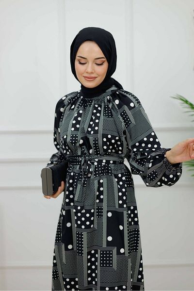 Valens Butik Women's Hijab Dress Patterned & Belted Dress