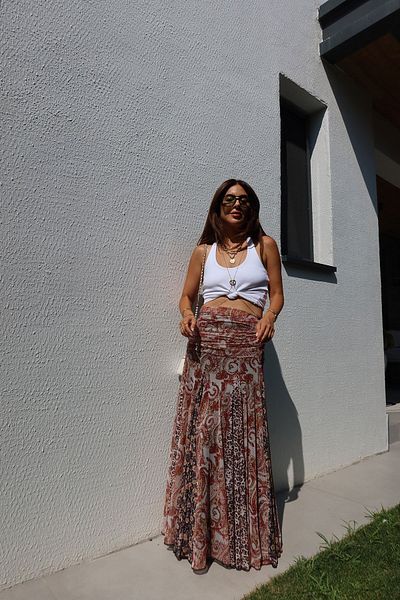 Özge Özgenç Mixed Patterned Skirt with Waist Corset Detail