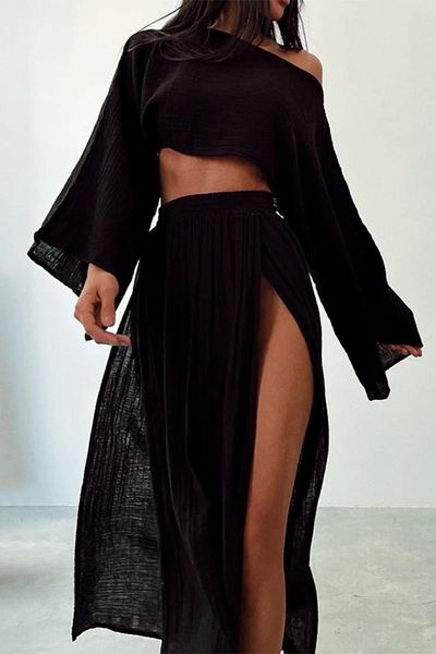 Baby xclub Women's 100% cotton muslin summer beach suit - crop top and high Slit maxi skirt two piece set