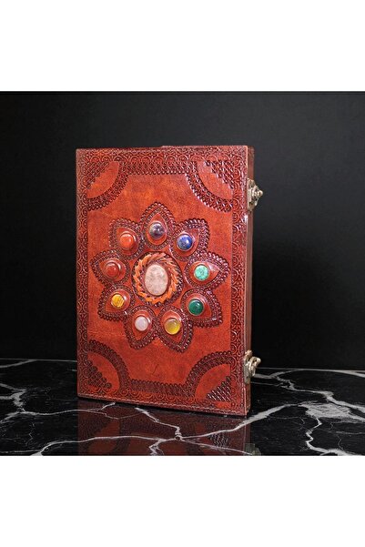 Kuzey Tacı Lotus Flower Patterned 9 Stones Handmade Leather Notebook – Spiritual and Locked Vip