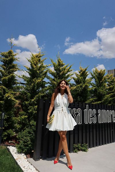 Özge Özgenç Gold Button Dress with Gipelli Back and Halter Neckline
