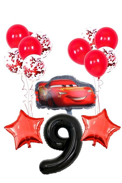 PARTİAVM 9 Year Old Black Number Balloon Birthday Party Set Cars Lightning Balloon Red Sequin Transparent Balloon