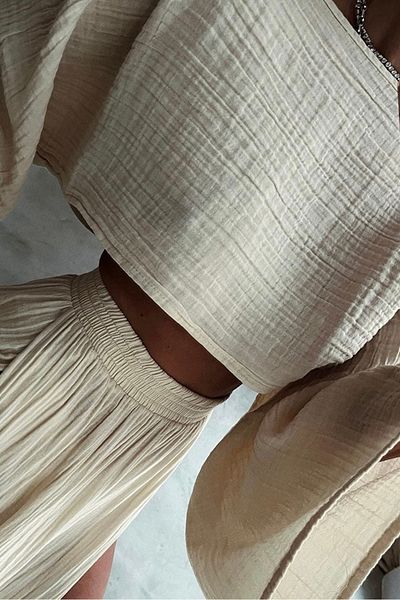 Baby xclub Women's 100% cotton muslin summer beach suit - crop top and high Slit maxi skirt two piece set