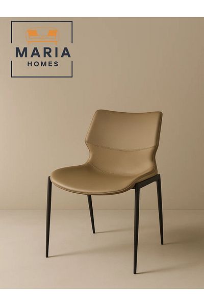 MARIA HOMES Modern Khaki Leather Dining Chair with Black Metal Legs – Elegant Seating for Home & Office