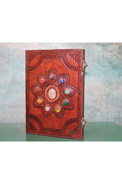 Kuzey Tacı Lotus Flower Patterned 9 Stones Handmade Leather Notebook – Spiritual and Locked Vip