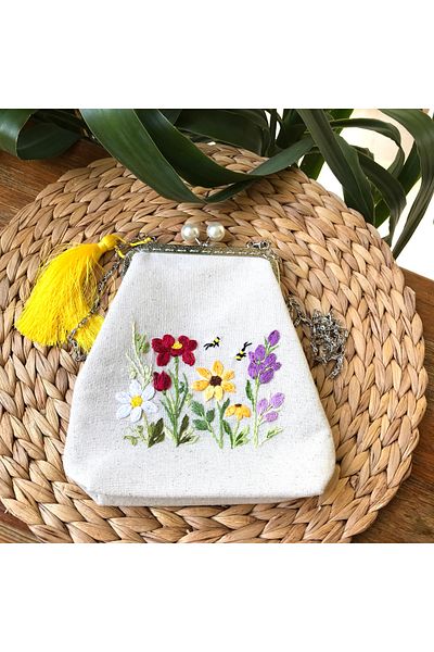 Home Cream Linen Hand Embroidered Wild Flower Vintage Style Bag. 19X19 Dimensions. 100% Handmade