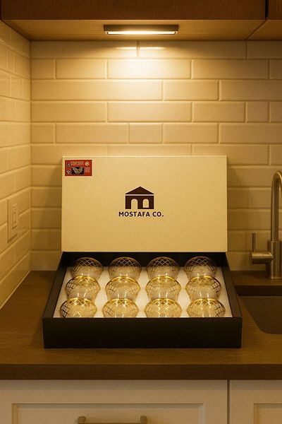 MOSTAFA 12-piece glass coffee cup set with silver and gold pattern