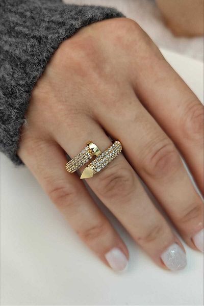 KYOLA DESİGN Nail Model Zircon Stone Adjustable Gold Women's Ring