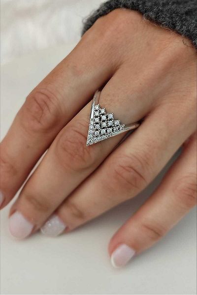 KYOLA DESİGN Triangle Design Zircon Stone Adjustable Silver Color Women's Ring