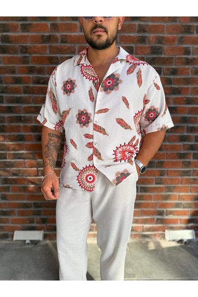 Baycombine35 Men's Hawaiian Style Floral Patterned Summer Linen Shirt