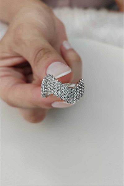 KYOLA DESİGN Adjustable Silver Color Women's Ring with Wavy Zircon Stone