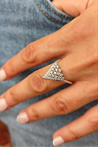 KYOLA DESİGN Triangle Design Zircon Stone Adjustable Silver Color Women's Ring