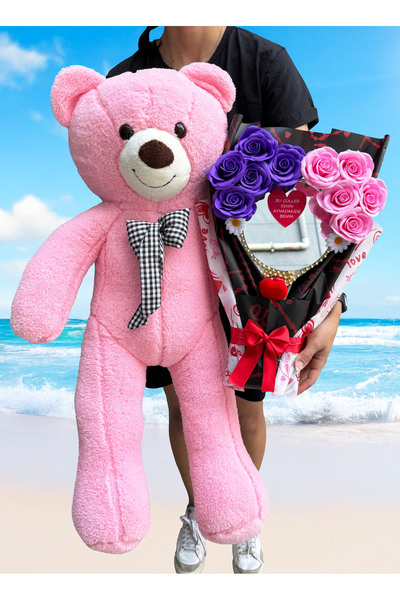 lenostra Doğum Günü Hediyesi - Aynalı Çiçek Buketi ve 90cm Pembe Ayıcık - Sev...