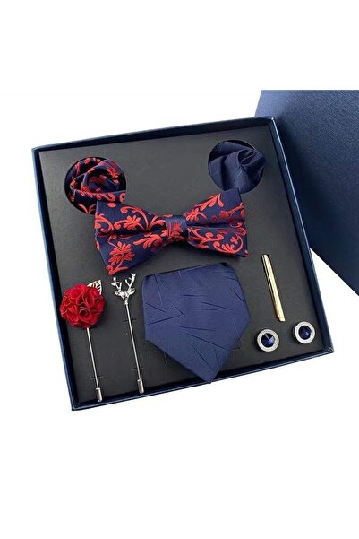 OEM Set complet,albastru cu roșu,8 articole, papion, cravată, batistă buzunar, ac cravată, butoni cămașă