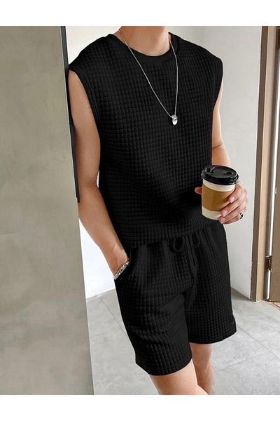 Baycombine35 Men's Sleeveless Embossed Fabric Shorts Summer Suit