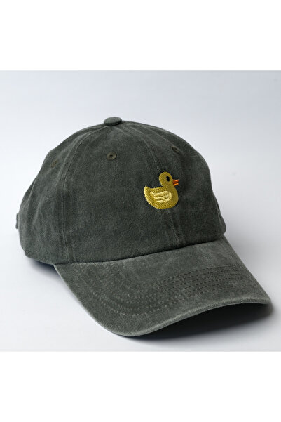 Nome Studio Nakışlı Şapka Yıkamalı Koyu Yeşil Haki Renk Sarı Ördek Nakışlı Şapka Pamuklu Siperlikli Şapka