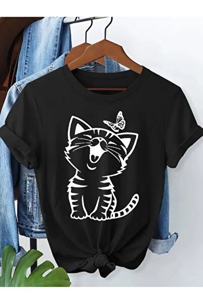 İSMTEXS تي شيرت من القطن الممشط مطبوع عليه تصميم قطة وفراشة بأكمام قصيرة للجن...