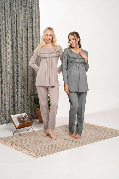 Lohussa Women's Dark Green Velvet Flounced Special Design Lace Maternity Maternity Dressing Gown Pajama Set