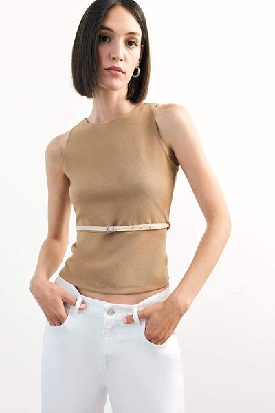 DeFacto New Season Fitted Crew Neck Belted Sleeveless Blouse
