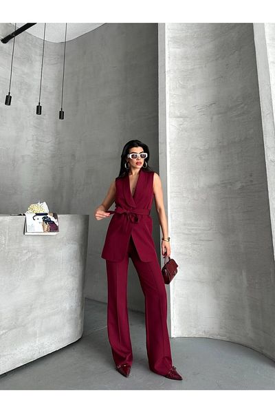 spirituel Women's Double Bottom Top Set Stylish Belted Pocket Detailed Vest Pants Set