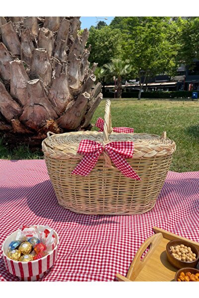 Beyaz Atölyem Büyük Boy Kırmızı Xxl Hasır Kapaklı Piknik Sepeti Seti (sofra bezi ve sepet)