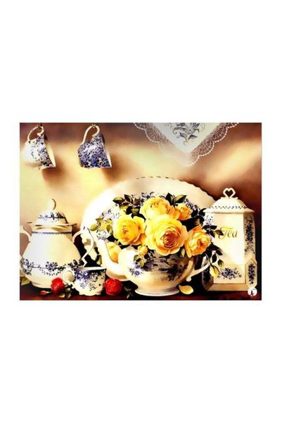 Generic Tea Set Themed Metallic Plate White/Blue/Brown 20x15cm