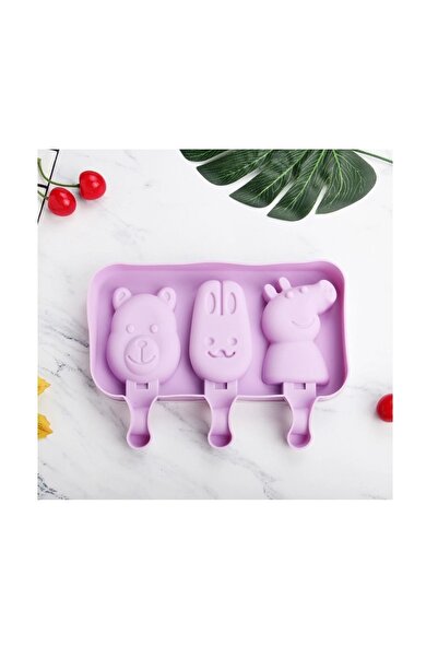 BV Silicone ice cream mold, Peppa, Bear, Rabbit 3 cavities with silicone lid, Purple, 19 cm, 409COF