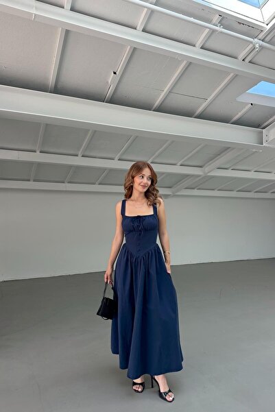 mylove Büzgü Göğüs Detaylı Midi Elbise Lacivert