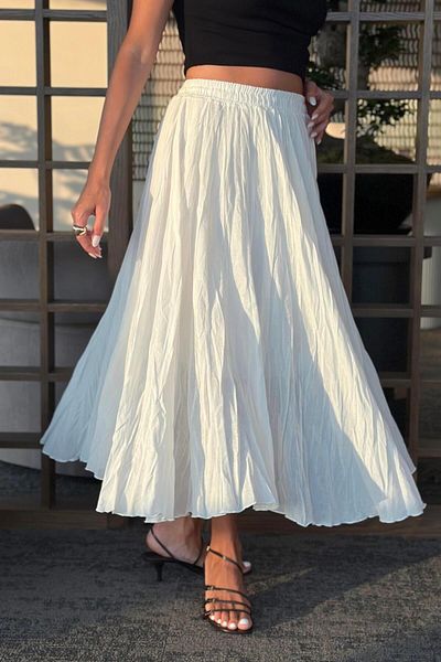 Laluvia Ecru Elastic Waist Crashed Skirt