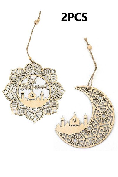 Generic 2 Pieces Eid Mubarak Door Sign Wooden Hanging Signs, Ramadan Hollow O...