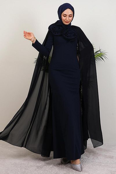 GİYZAMİLA Big Rose Hijab Dress Navy Blue