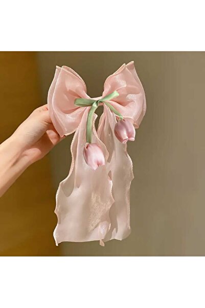 MutluBiDünya Laleli Organze Sarkıt Uzun Kuyruklu Fiyonklu Metal Klipsli Toka