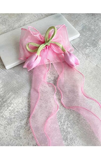 MutluBiDünya Laleli Organze Sarkıt Uzun Kuyruklu Fiyonklu Metal Klipsli Toka