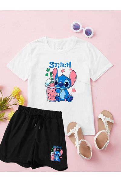 makiteks Set of 2 Printed Girl's Cotton Shorts Tshirt Lilo Stitch 5 6 7 8 9 10 11 12 13 14 Years Old T-Shirt