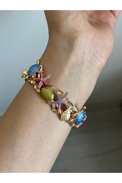 BURÇİN AKSESUAR Caretta Caretta Turtle and Oyster Detailed Elastic Design Imported Bracelet