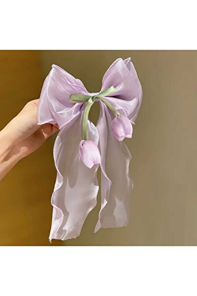 MutluBiDünya Laleli Organze Sarkıt Uzun Kuyruklu Fiyonklu Metal Klipsli Toka