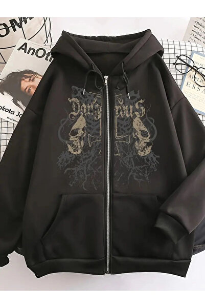 Violon Gothic Baskılı Oversize Fermuarlı Siyah Unisex Kapüşonlu Hırka