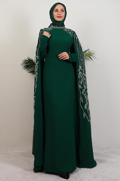 GİYZAMİLA فستان سهرة مع أكمام مرصعة بالحجارة الزمرد