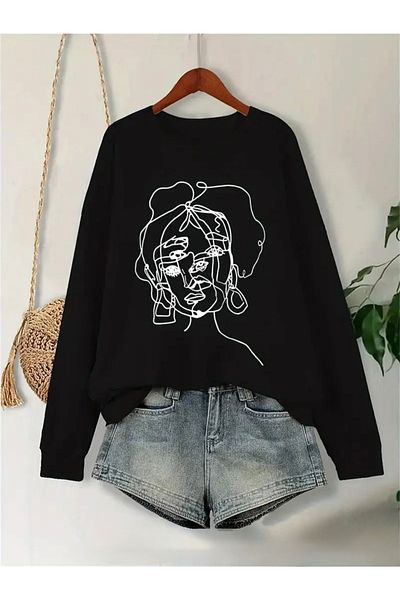FUFLUNS Women's Face Printed Oversize Unisex Circle Neck Sweatshirt