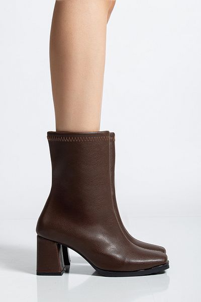 moun shoes Women's Boots Bitter Brown Blunt Toe Thick Heeled Stretch Boots