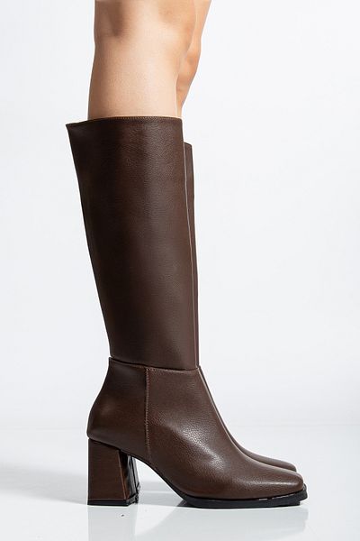 moun shoes Women's Bitter Brown Zippered Knee Blunt Toe Bottom Size Heeled Boots